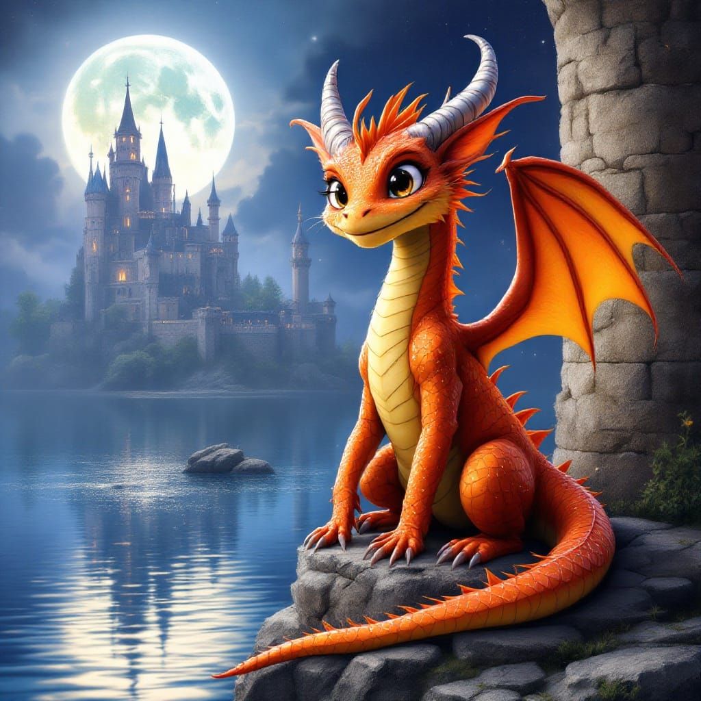 Whimsical Dragon with Sparkling Eyes, Fantasy Castle Backdro...
