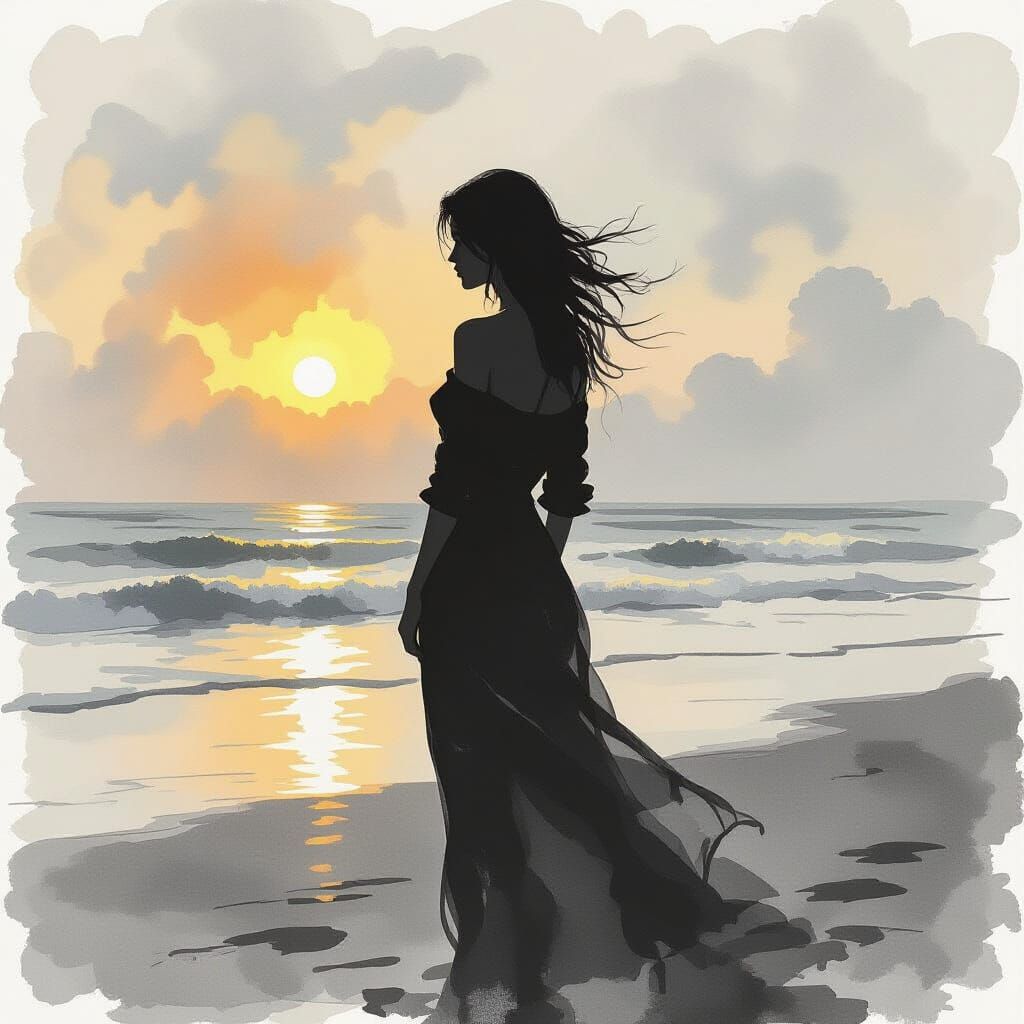 Woman by the Sea: Charcoal Sketch Aesthetic