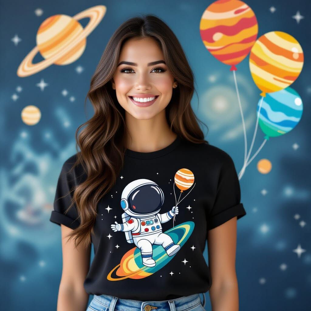 Woman in Black T-Shirt with Astronaut and Solar System Plane...