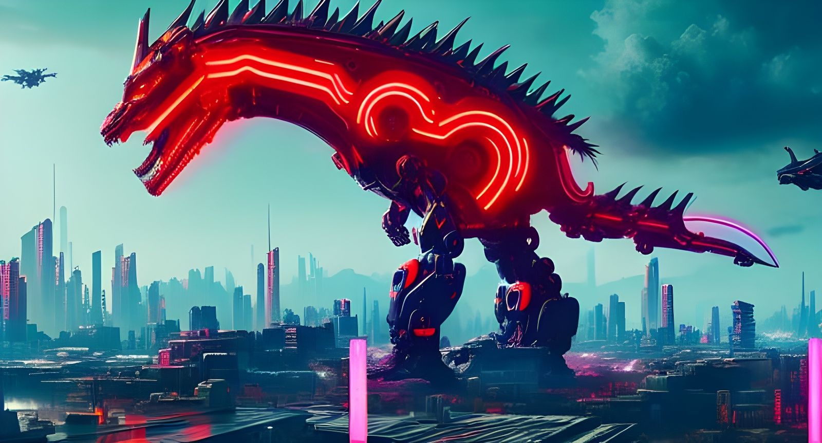 Cyberpunk Robot Dragon Soaring Through Neon City