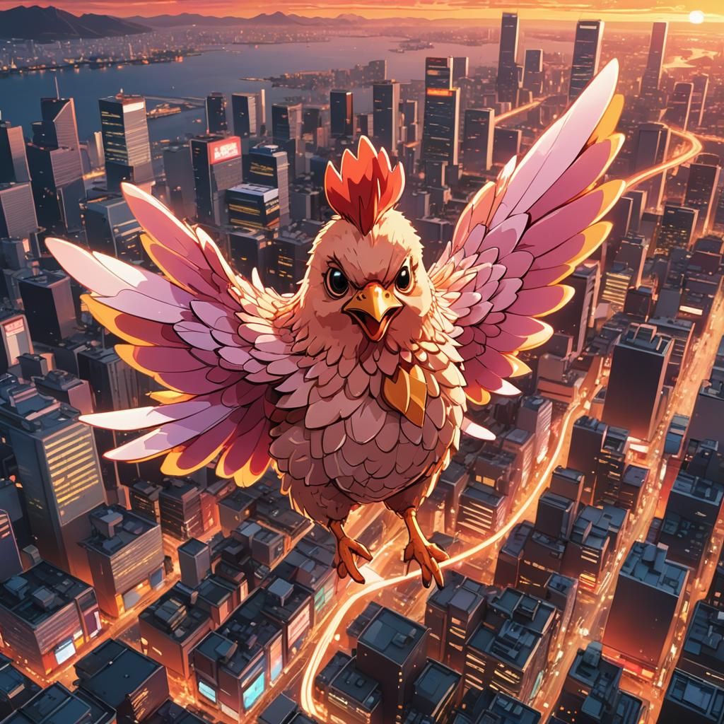 Chicken Nugget Superhero Flies Over Tokyo: Anime Art