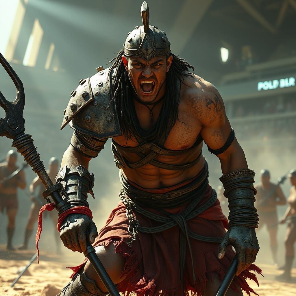 Cyberpunk Gladiator with Battered Armor in Arena