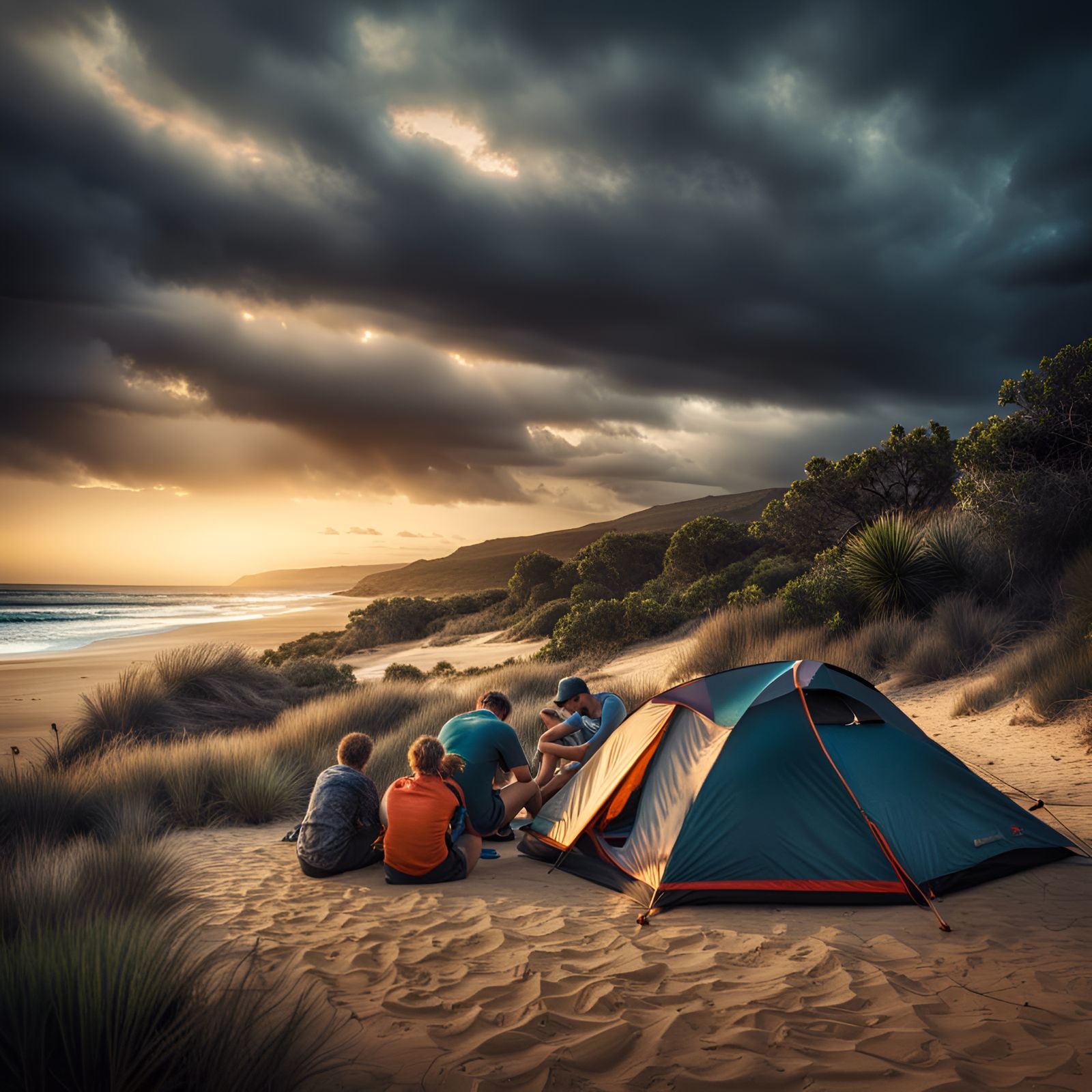 Australian Beach Family Camping in Hyperrealistic Style