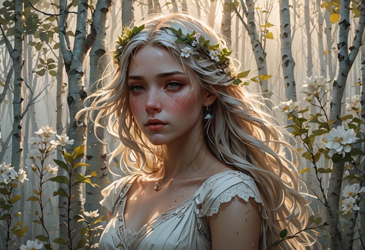 Sad Portrait with Birch Branches, Hyperdetailed Concept Art