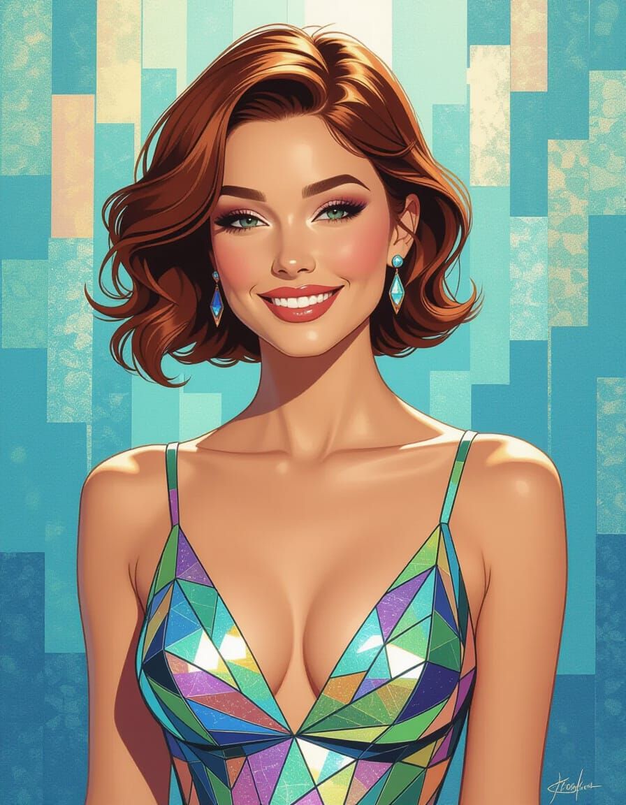 Woman in Shimmering Glass Dress: Detailed, Vibrant Art