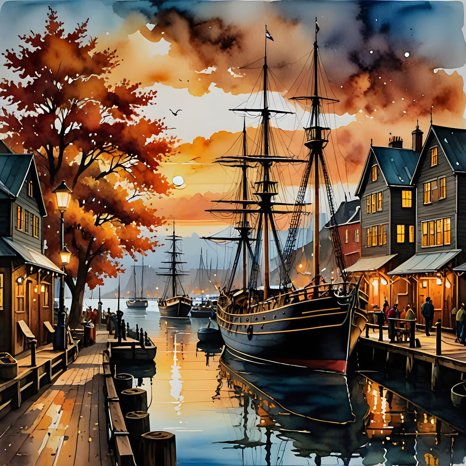Tall Ship in Autumn Port: Alcohol Ink Painting