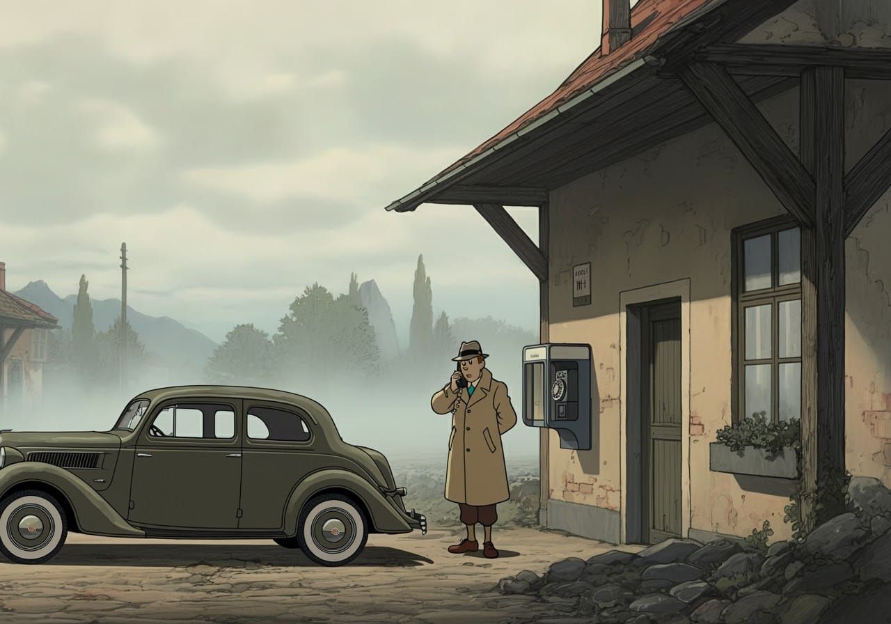 Tintin-esque Reporter at 1930s European Rest Stop