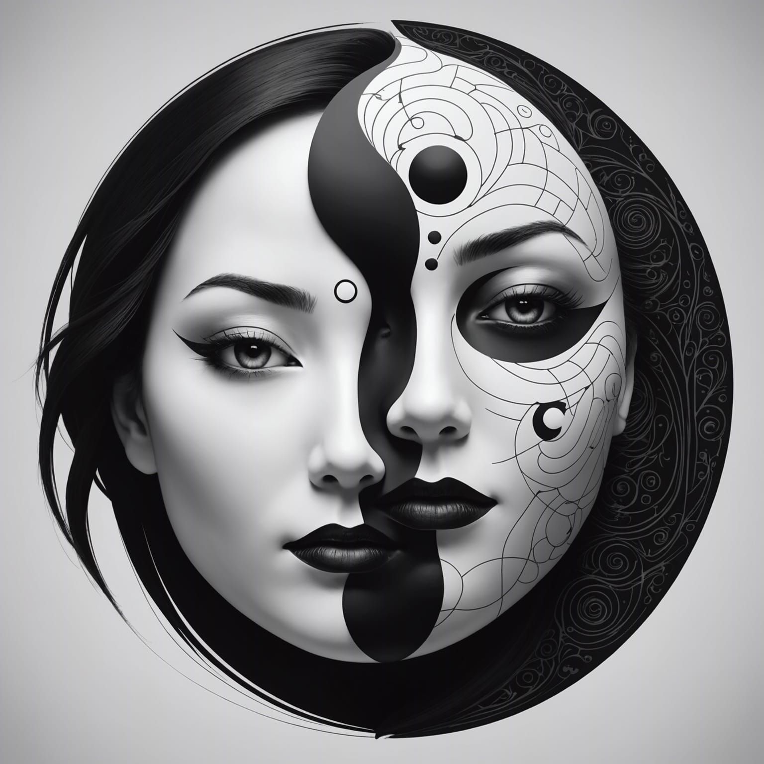 A female face representing yin and a man's face representing yang