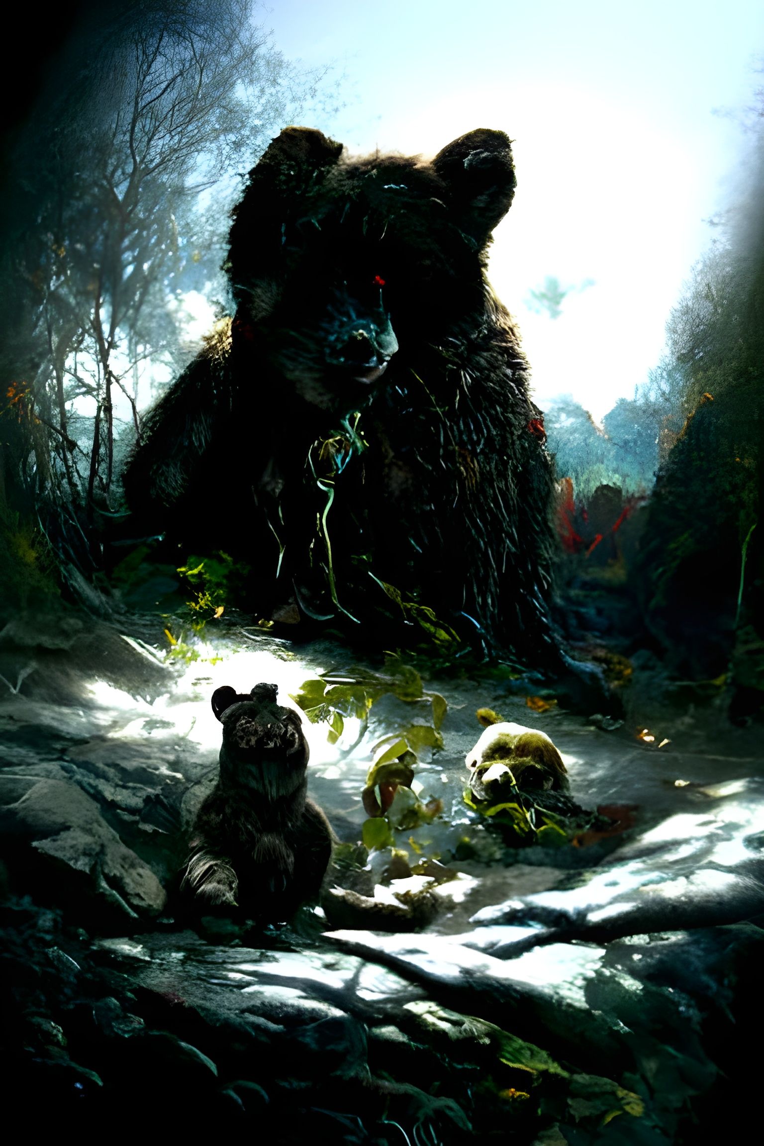 Brown Bear Family in Mystical Forest