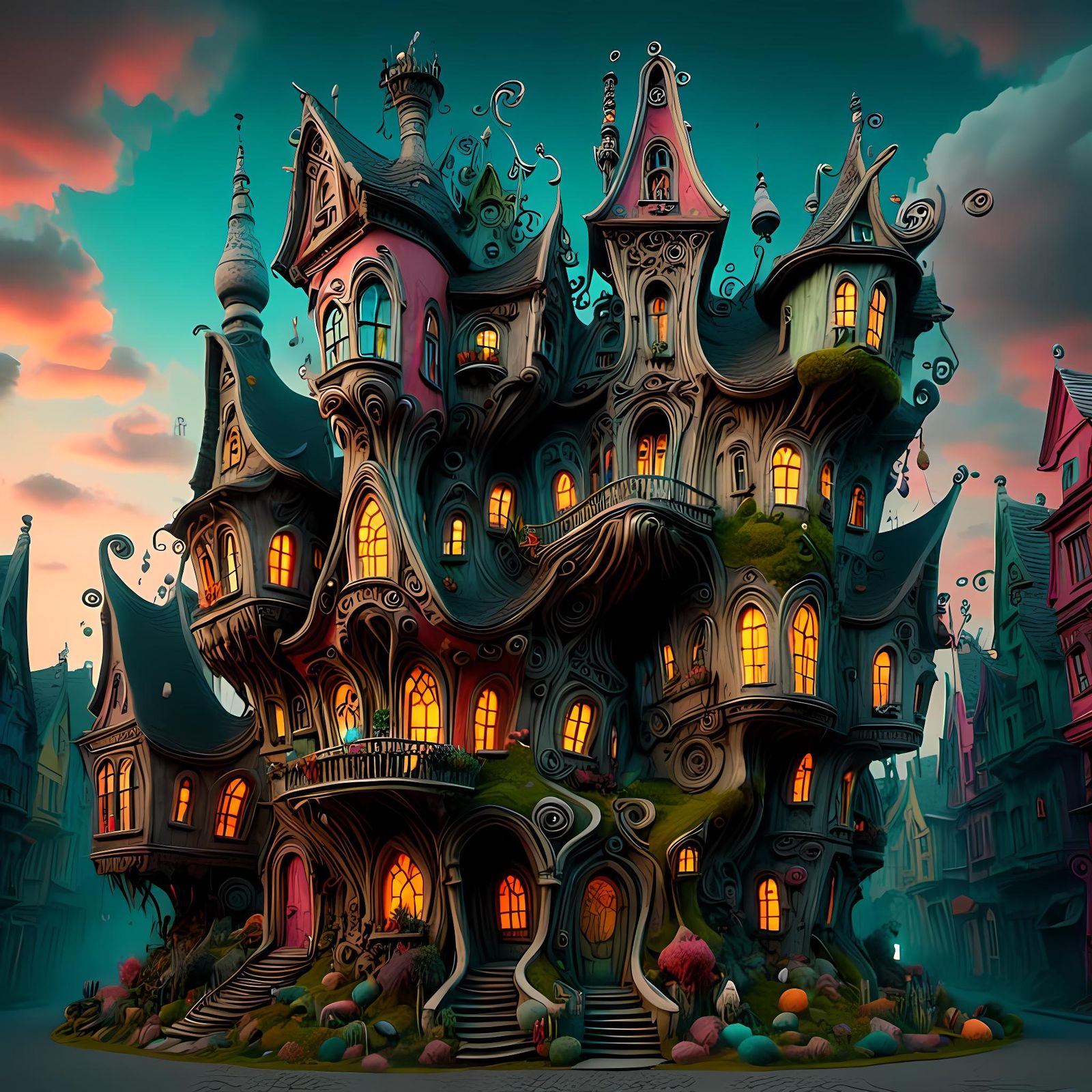 Whimsical Fantasy Cityscape with Wonky Houses