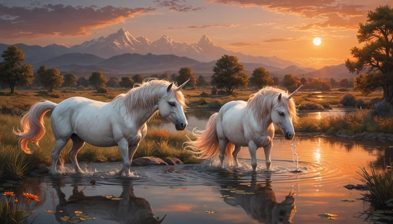 Unicorn Drinks at Pond with Two Suns