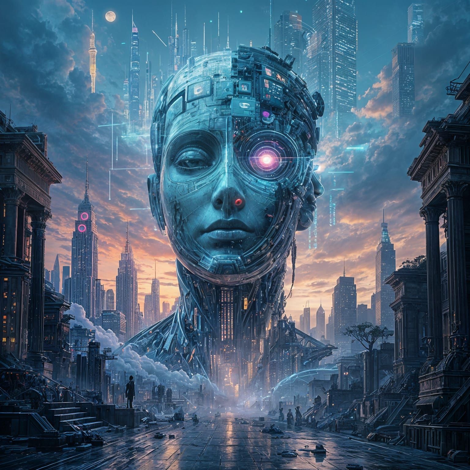 Digital Metropolis at Twilight with Floating Face Statue
