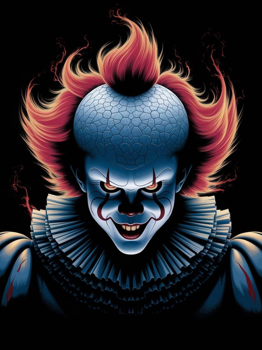Pennywise Enveloped in Fiery Flames, Cyberpunk-Inspired Digi...