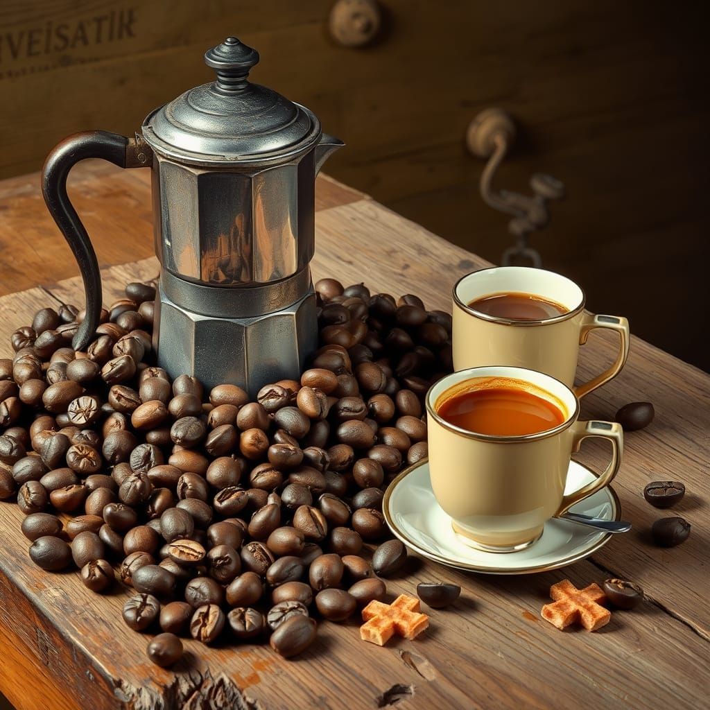 Warmth of Morning: Ancient Coffee Machine and Rich Coffee