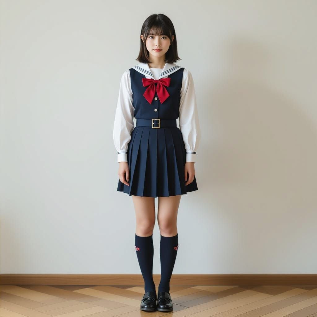 Cute Japanese Schoolgirl at Shrine with Autumn Maple Leaves