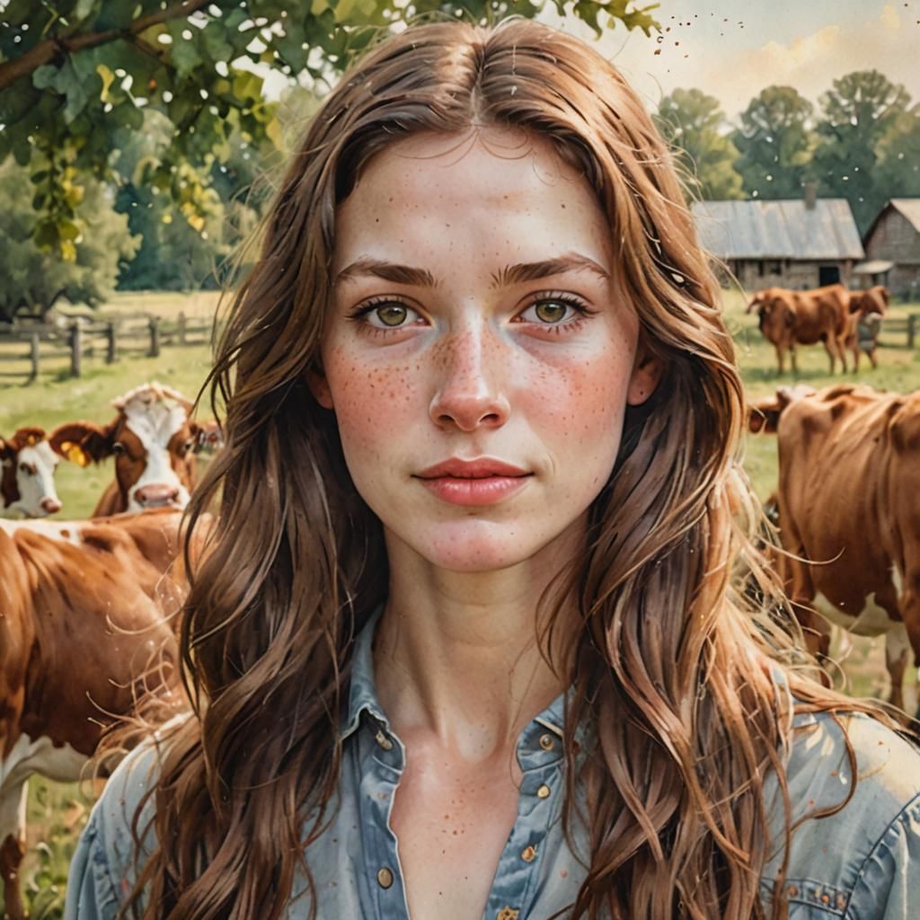 Watercolor Portrait of Woman with Cow Ears