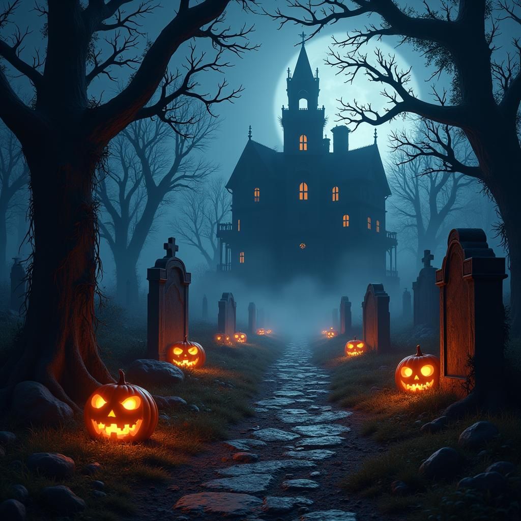 Haunted Graveyard Scene on Halloween Night