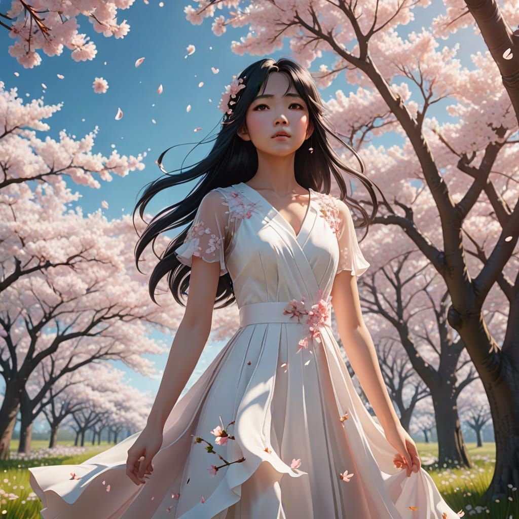 Surreal Anime Goddess in Cherry Blossom Field