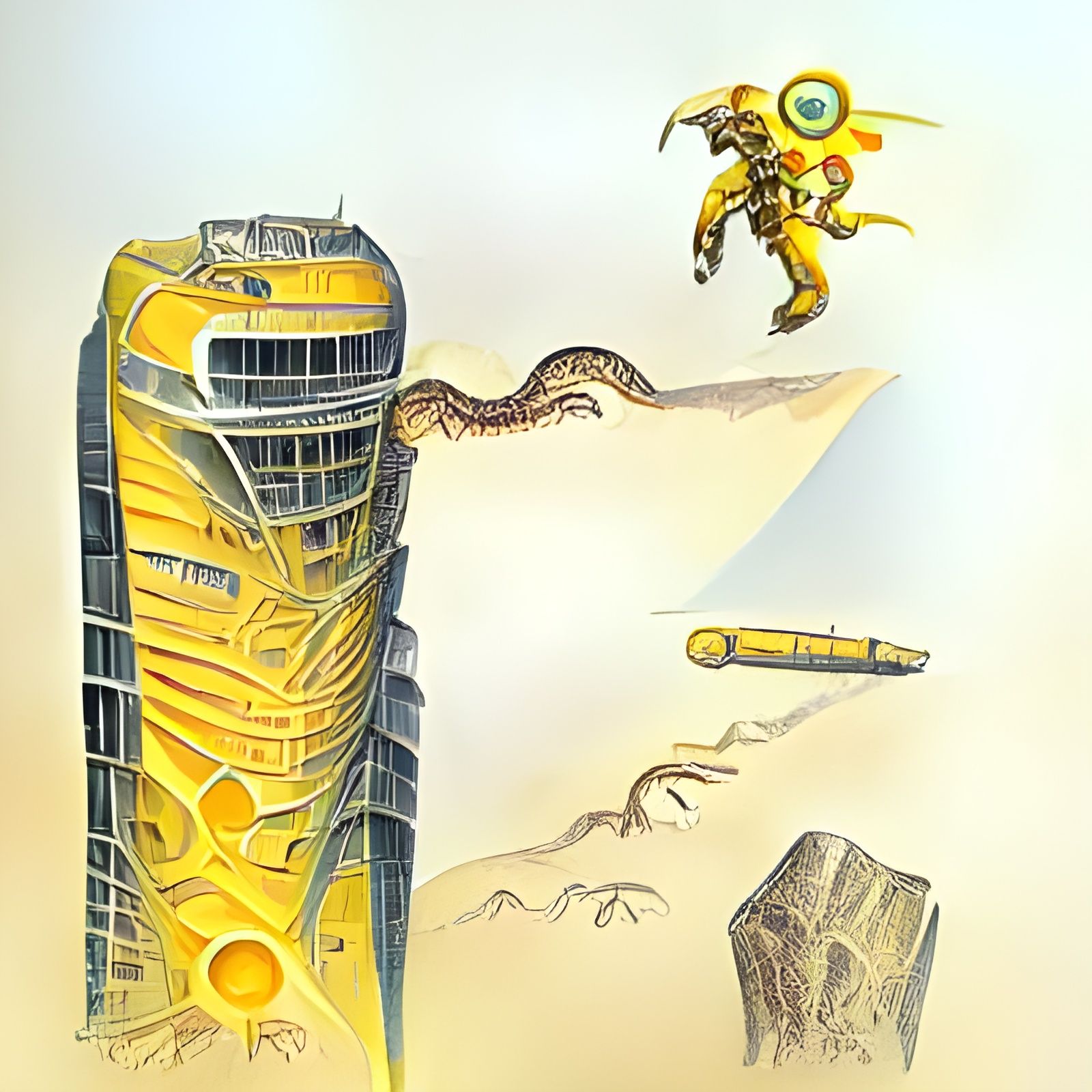 Decaying Skyscraper in Rocky Terrain: Sci-Fi Illustration