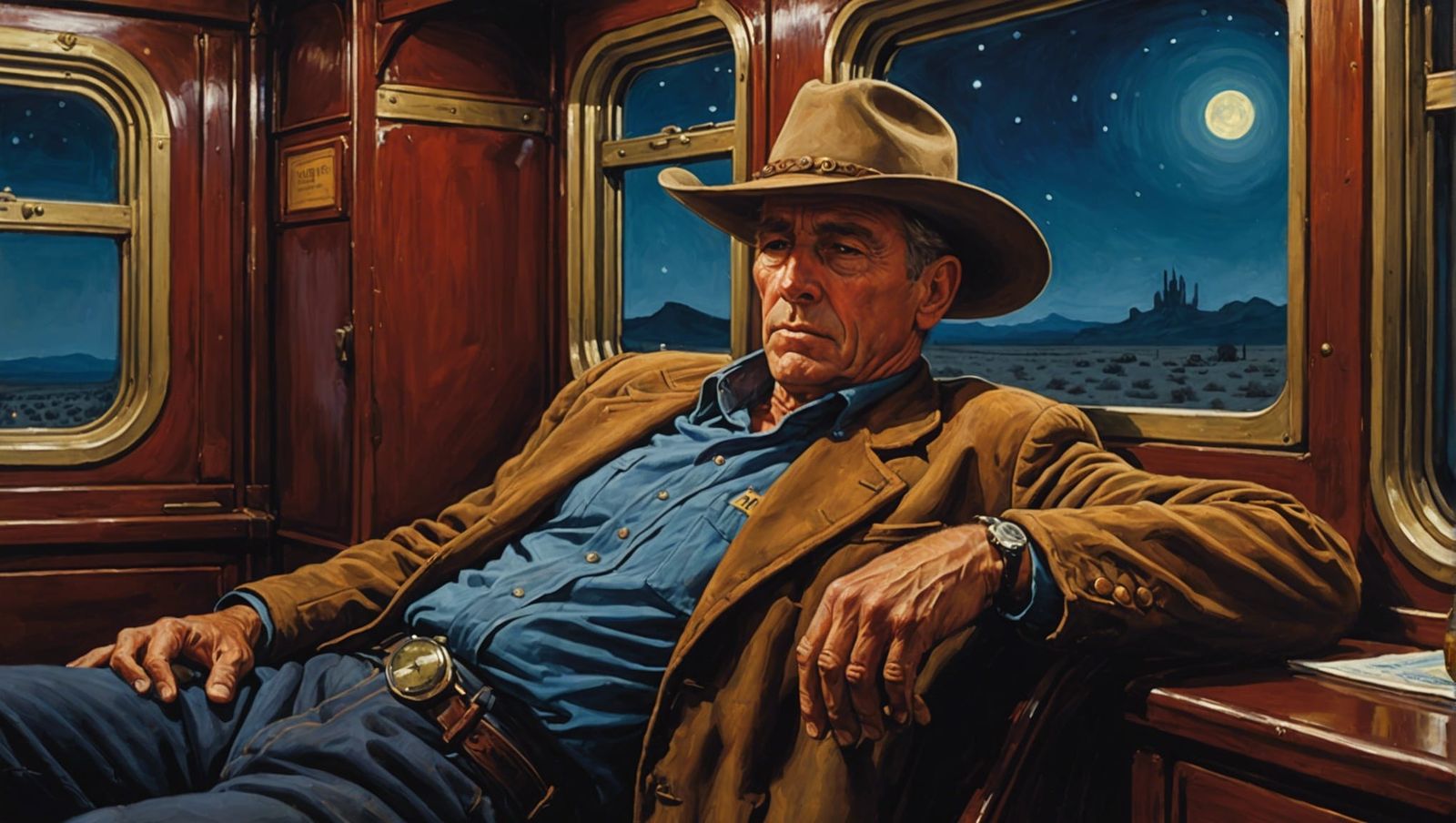Man Napping on Western Train, Oil Painting