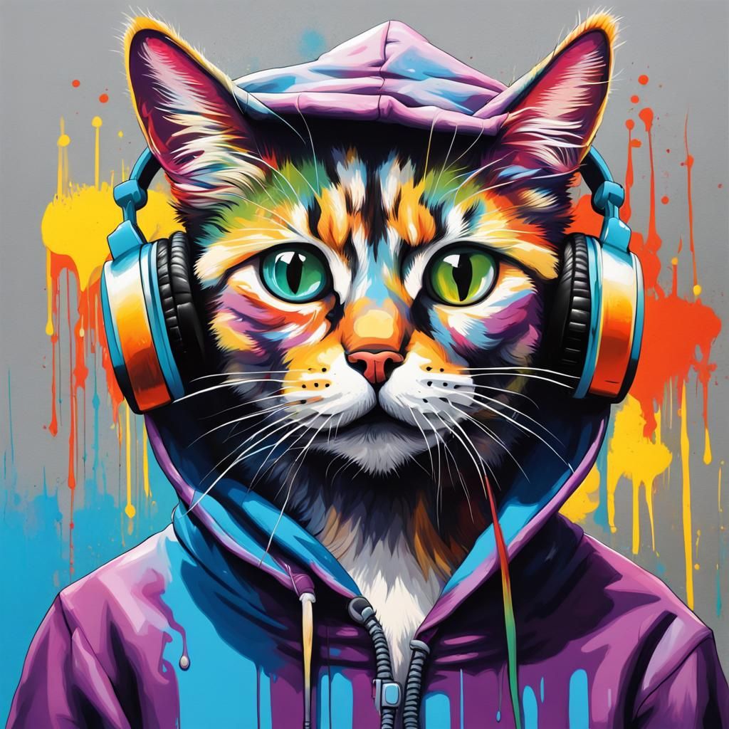Cat with Hoodie and Headphones in Graffiti Art