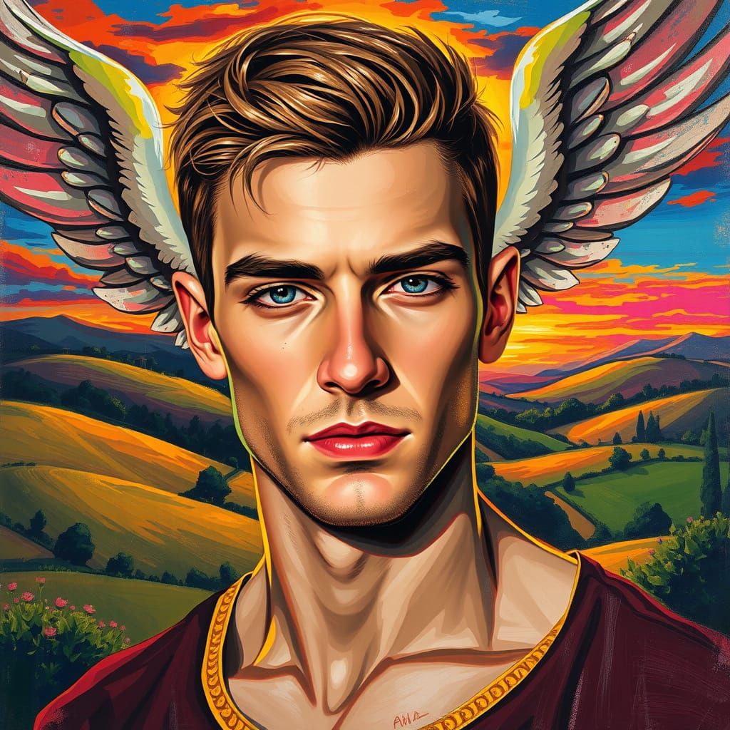 Angel of Sunset: Chiseled Hero in Vibrant Pastoral Landscape