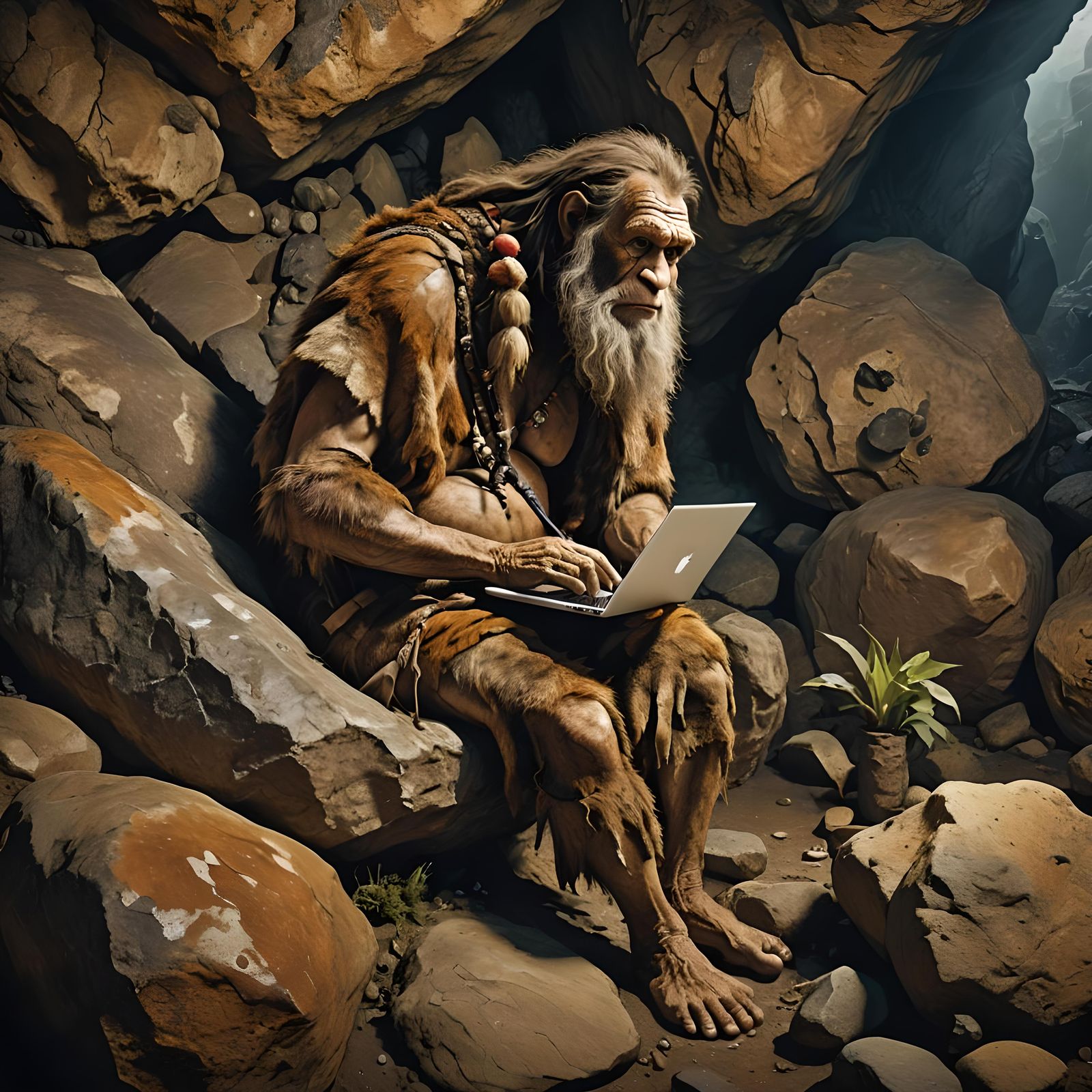 Neanderthal uses his laptop instead of the old fashioned cav...