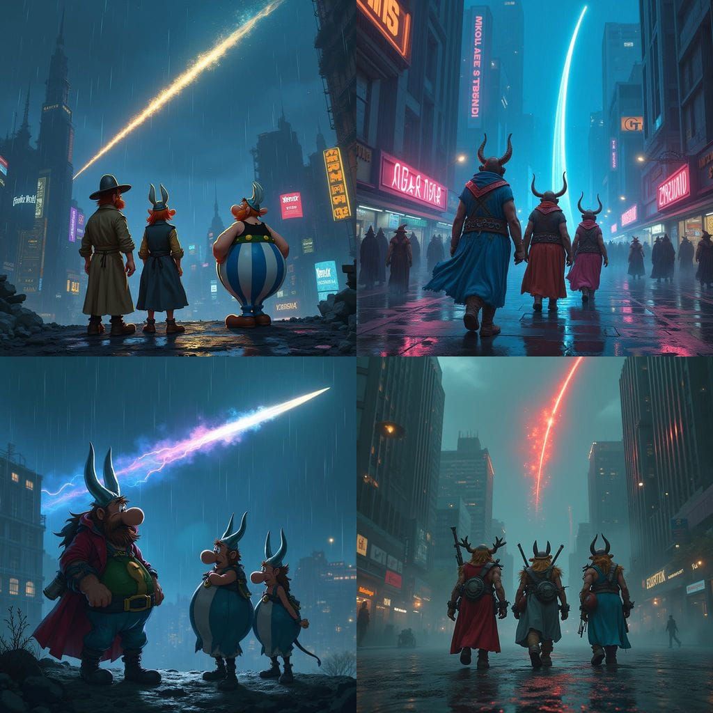 Asterix and Friends Track Neon Star in Cyberpunk Landscape