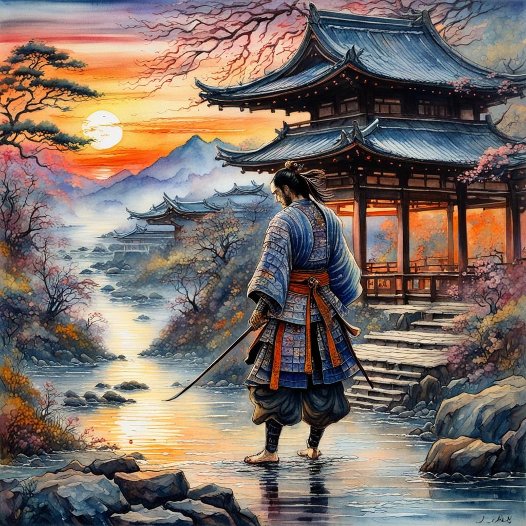 Japanese Samurai Scene at Dusk in Watercolor Style