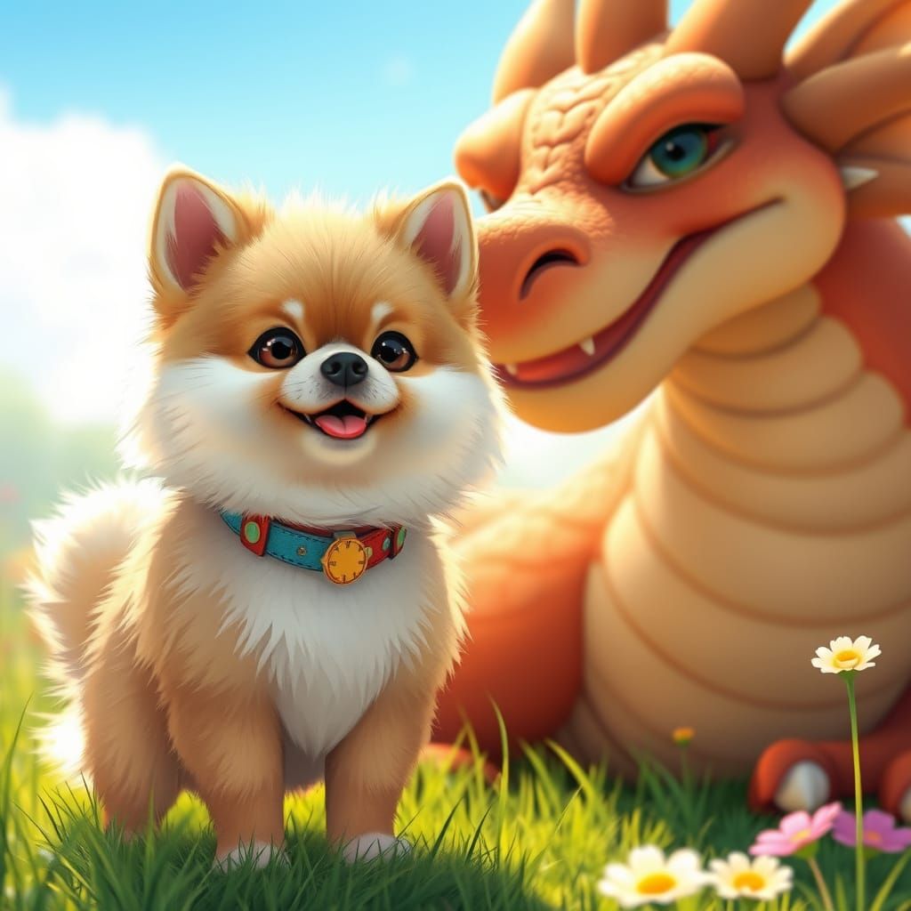 Gentle Dragon and Pomeranian Puppy Friends in Whimsical Mead...