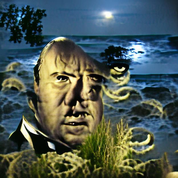 Undead Hitchcock Stares from Moonlit Beach