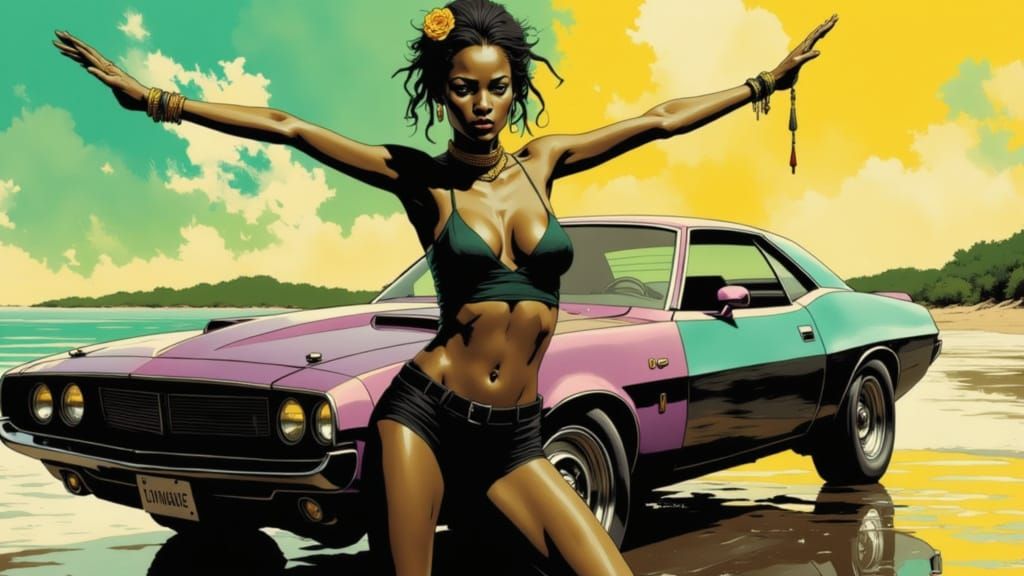 Vintage Pin-Up Girl Adorns a Sunset Beach Scene