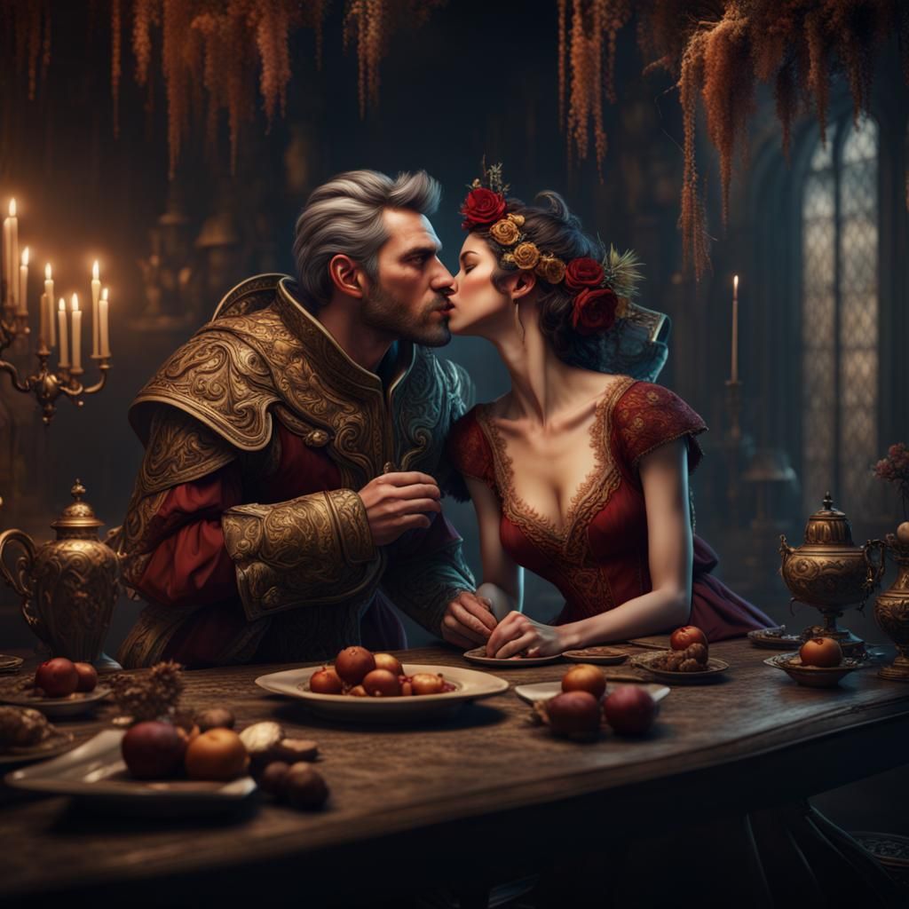 Romantic Kiss in a Fantasy Landscape