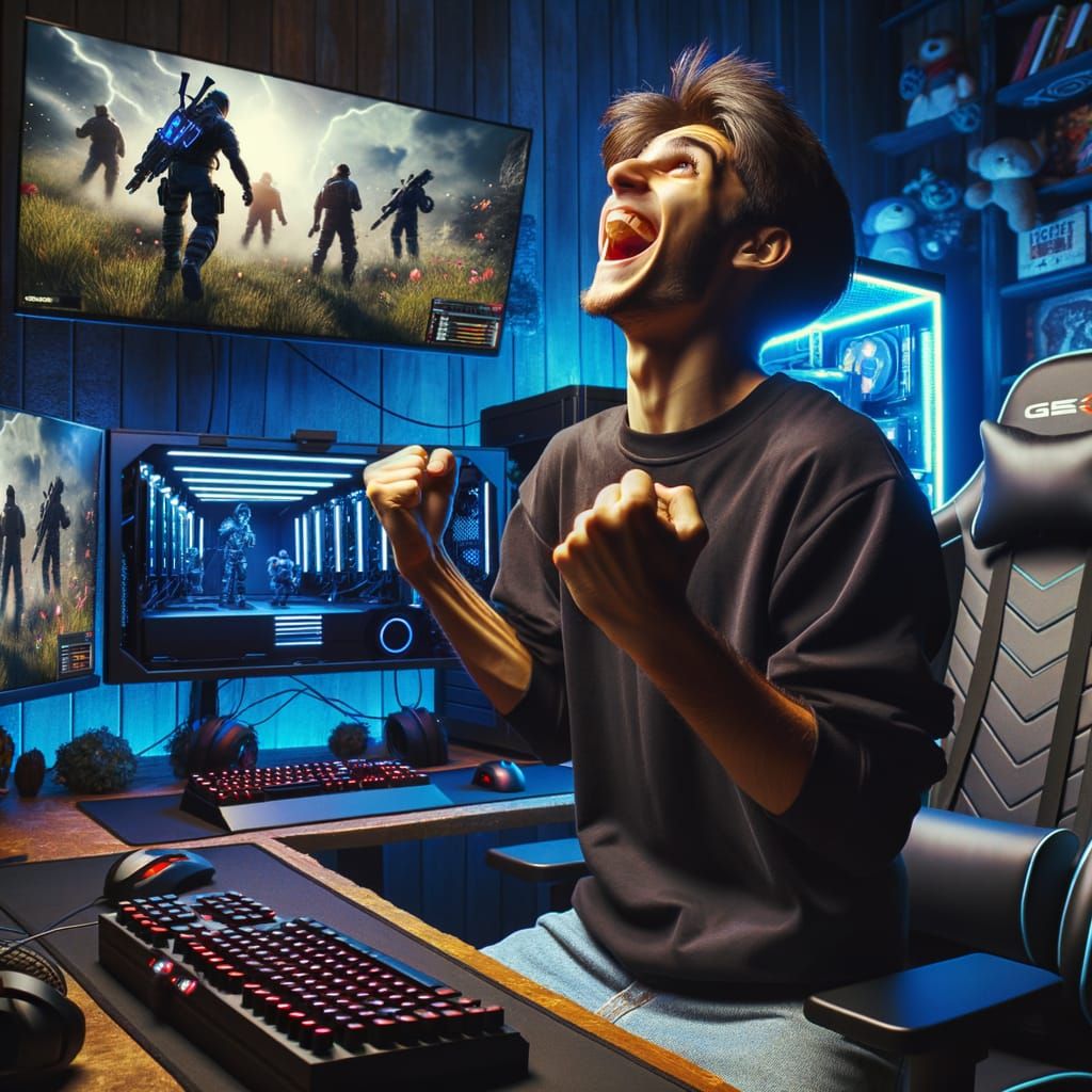 Gamer's Timeless Victory Reaction with Epic Setup