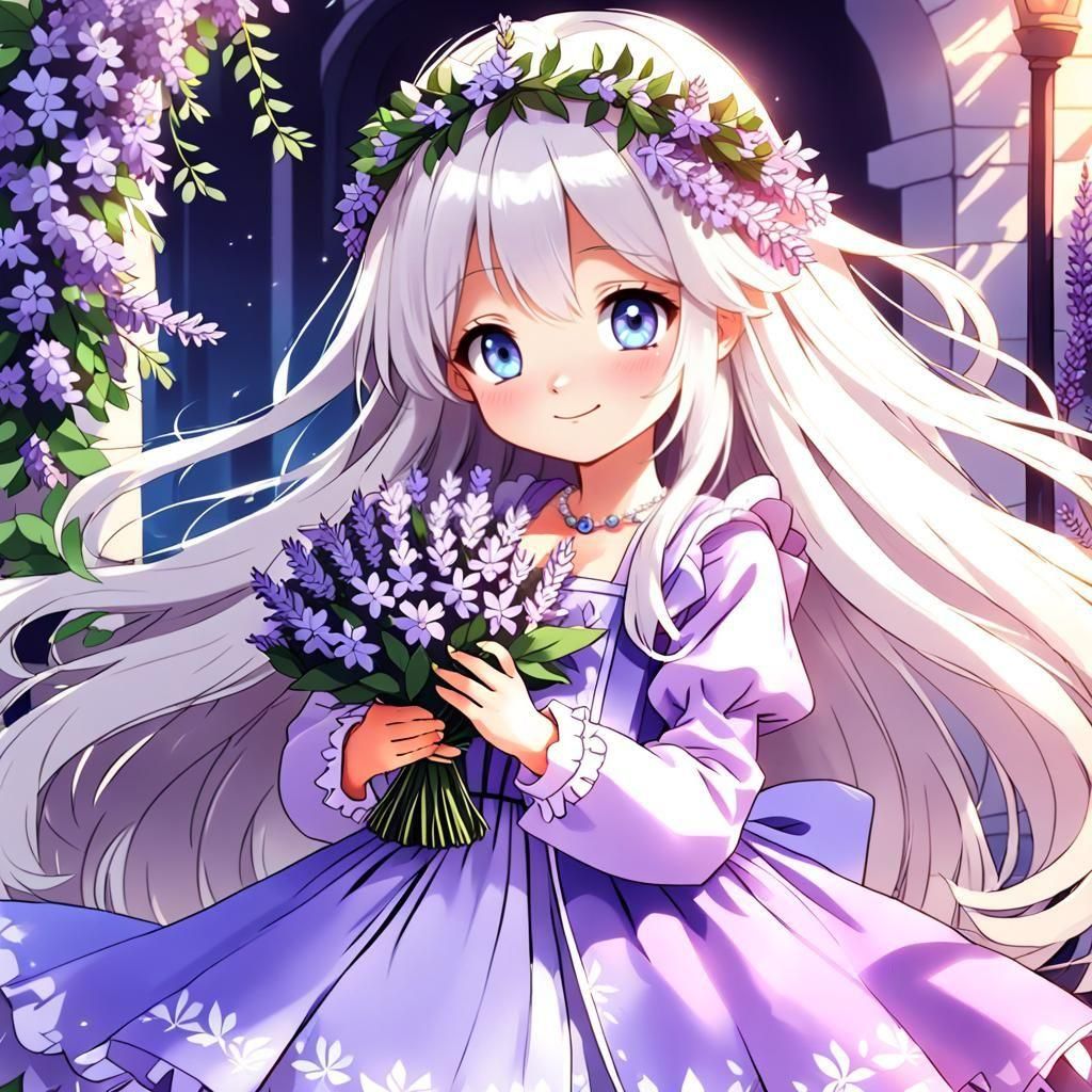 Happy Anime Princess with Lilac Gown and Wreath
