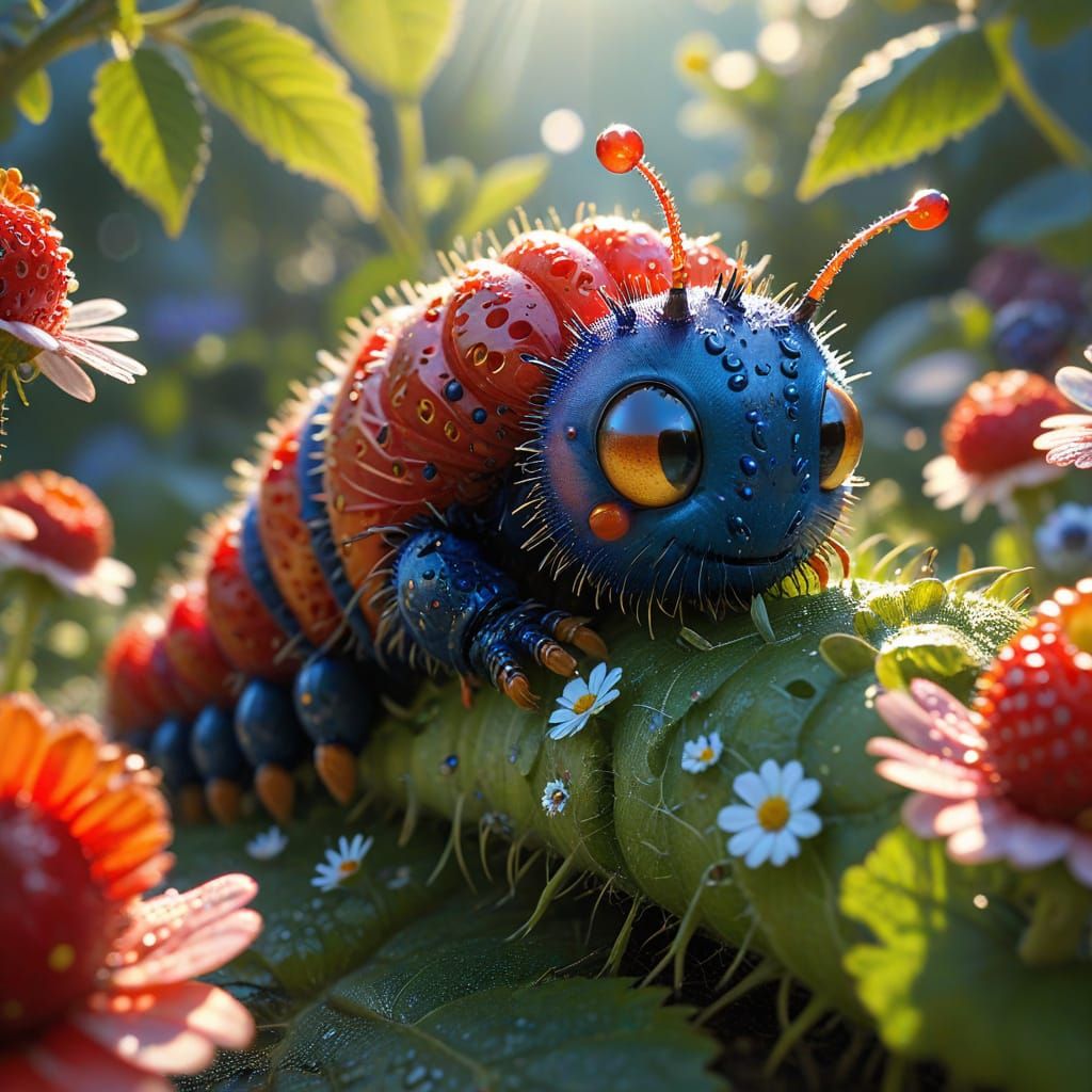 Cheerful Caterpillar in Sun-Drenched Garden: Digital Art