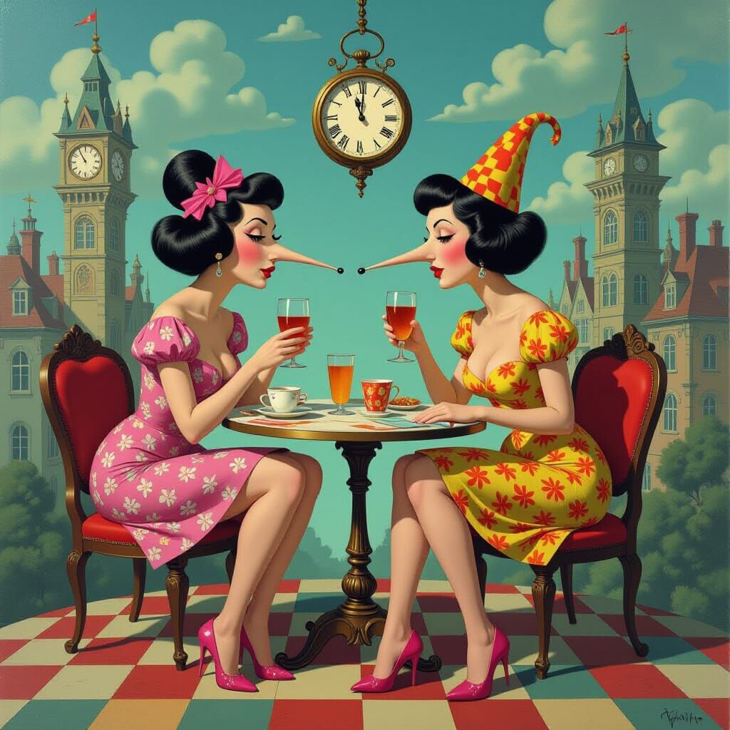 Surreal Dreamscape: Women With Long Noses Drink in Bizarre V...