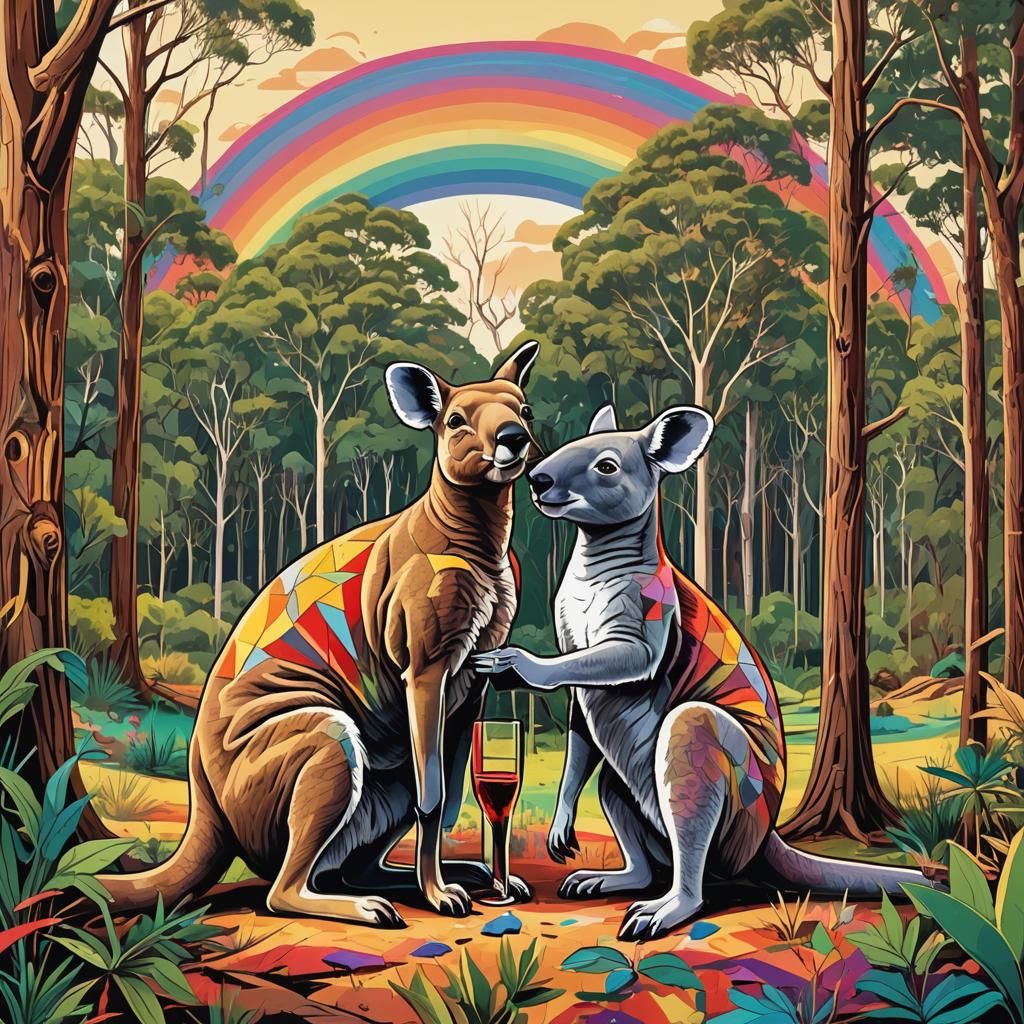 Australian Outback Kangaroo Kiss in Pop Art Style