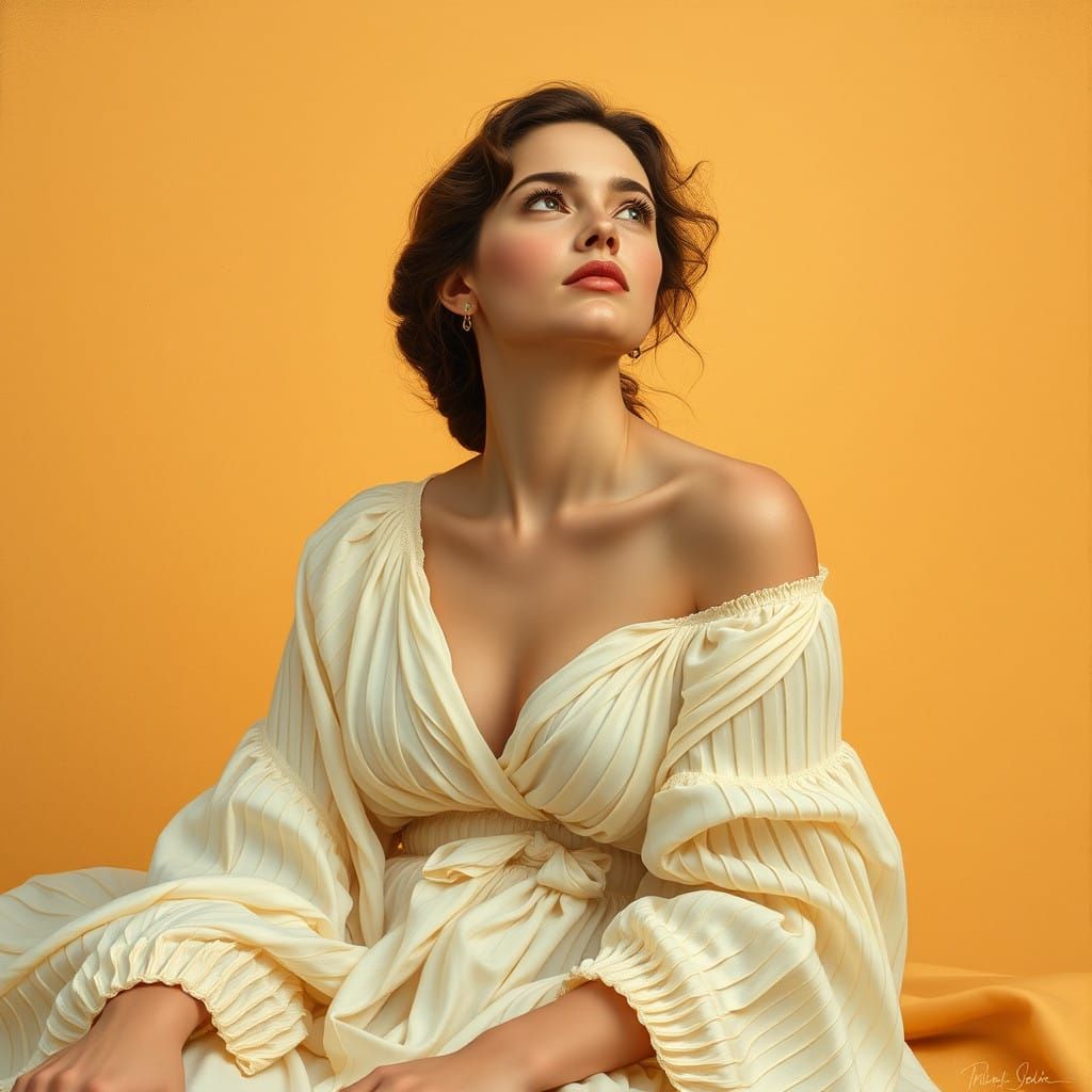 Elegant Woman Lost in Thought on Warm Sunset Background