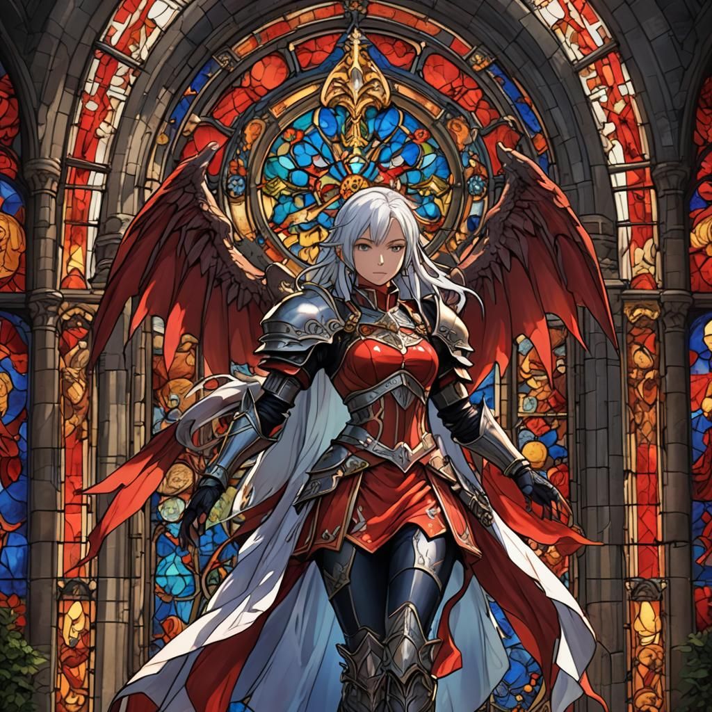 St Ajora in Stained Glass with Demon Wings