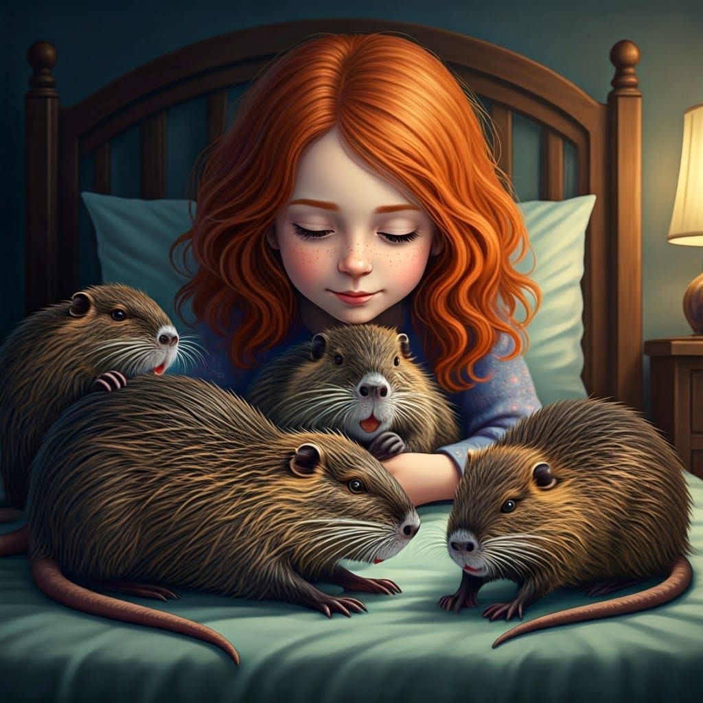 Girl in Bed with Many Pet Nutrias
