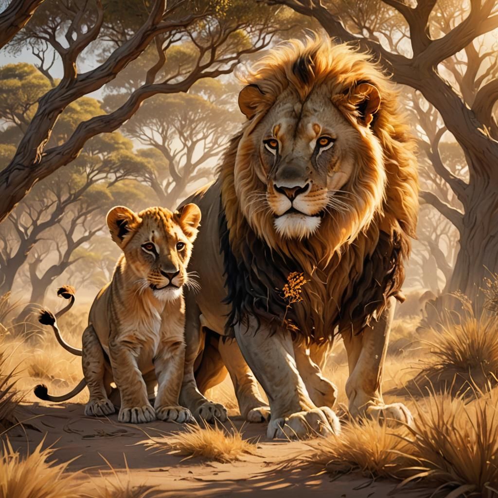 Lion Cub and Baby Boy Playing: Fantasy Art