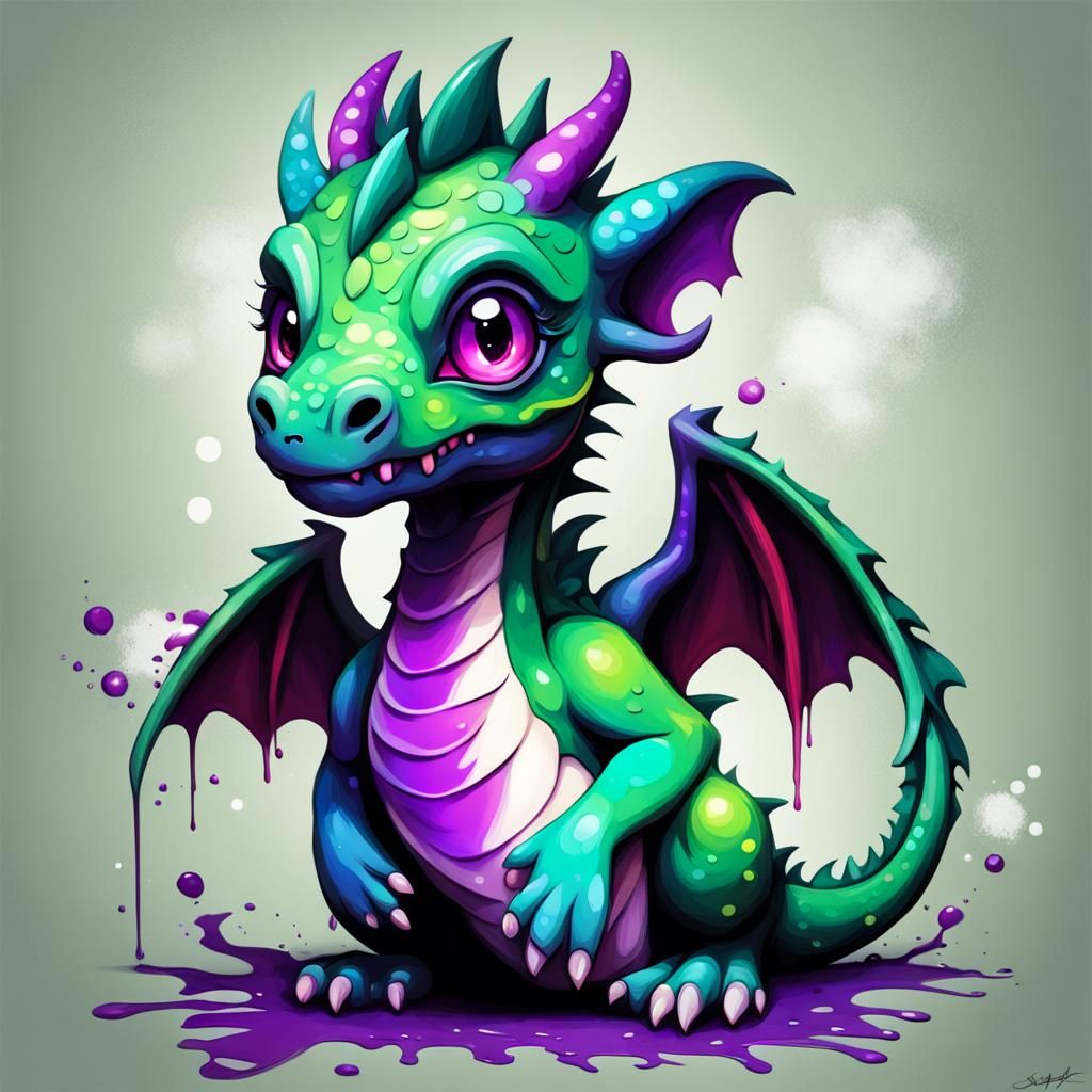Cute Sage Green Dragon in Graffiti Art Style