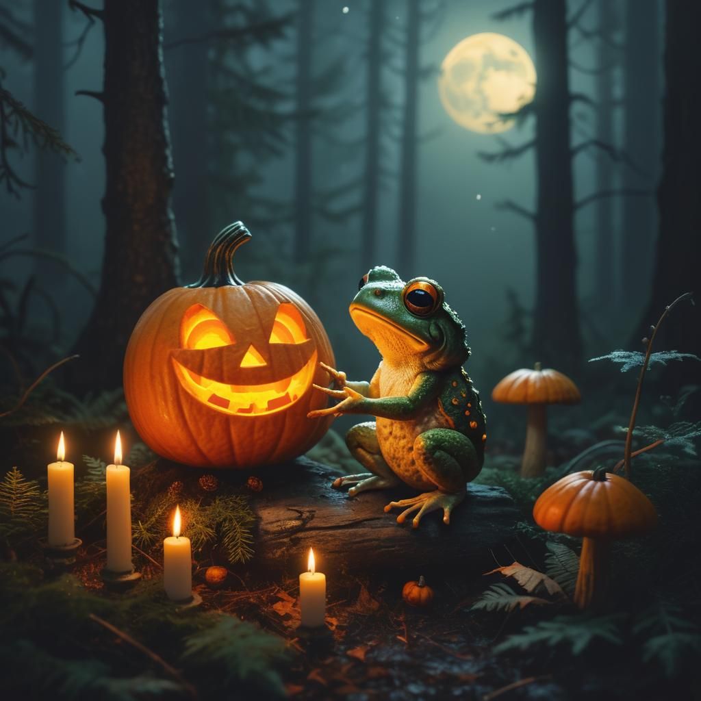 Baby Toad Carving a Jack-o'-Lantern on Halloween