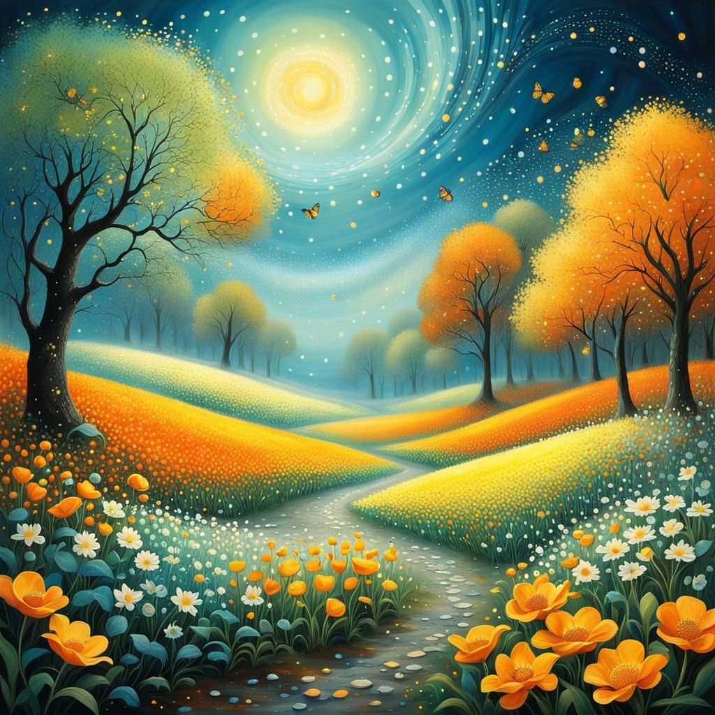 Gothic Medieval Village with Milky Way, Surreal Pen & Ink