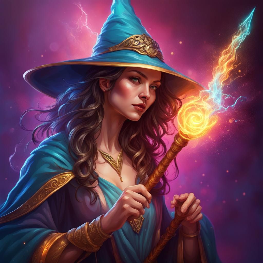 Lady Wizard with Magical Staff in Splash Art Style