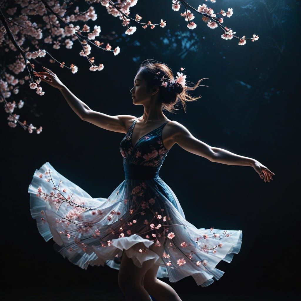 Dancer Merges with Cherry Blossoms in Ethereal Double Exposu...