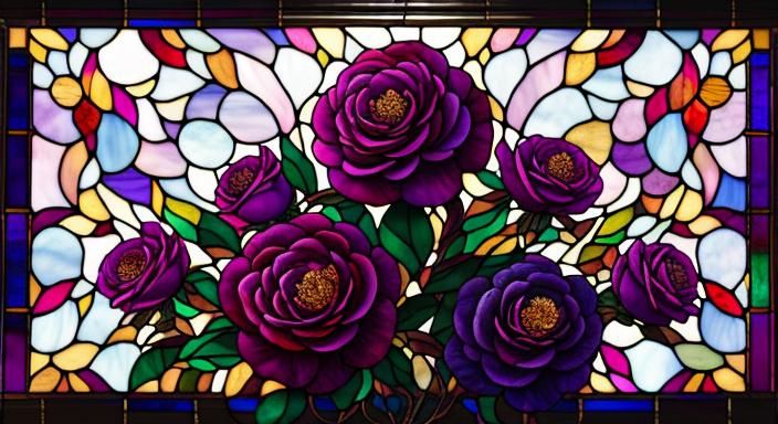 Magenta Camellias with Gold Lining in Stained Glass Style