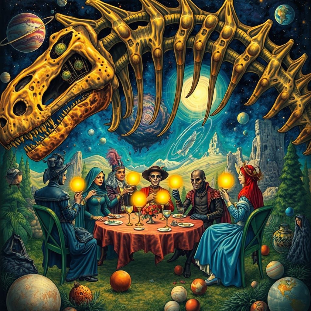 Surreal Garden Party in Fossilized Dinosaur Skeleton