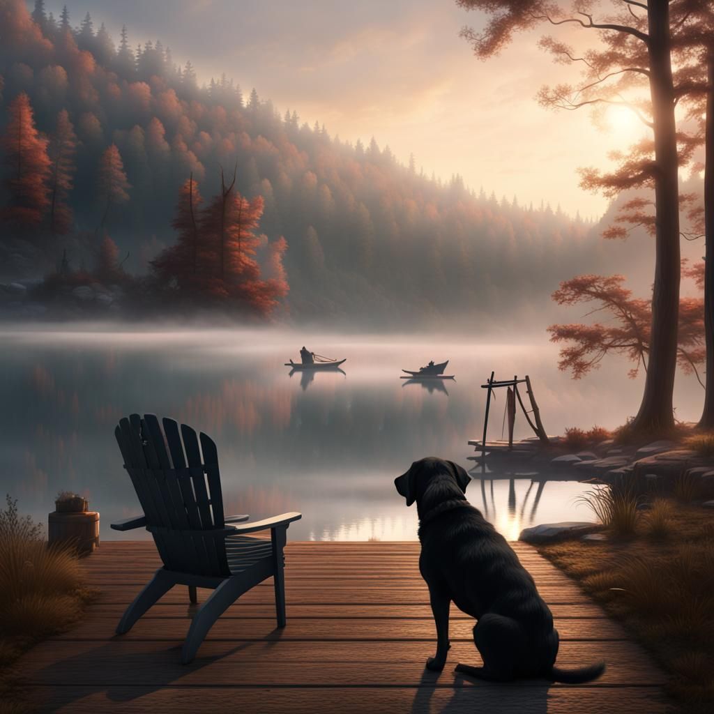 Foggy Lake With Black Lab, Detailed Matte Painting